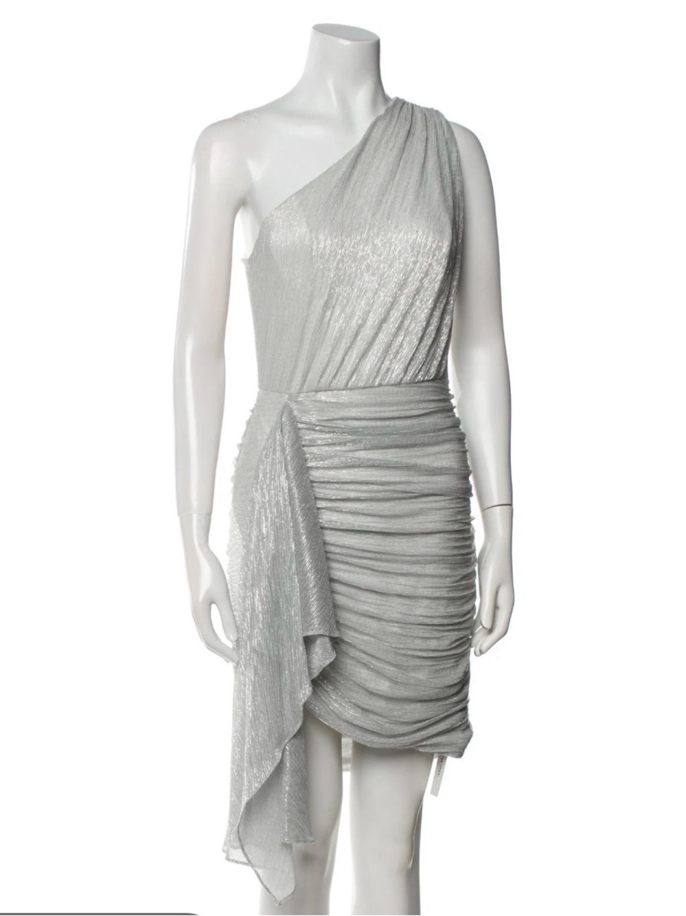 PatBO Silver One-Shoulder Ruched Draped Cocktail Dress